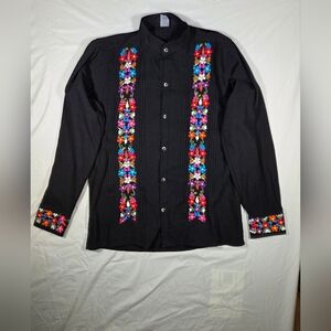 Guayabera Mexican Embroidered Floral Algodon CH Chino Small Mens Shirt EUC